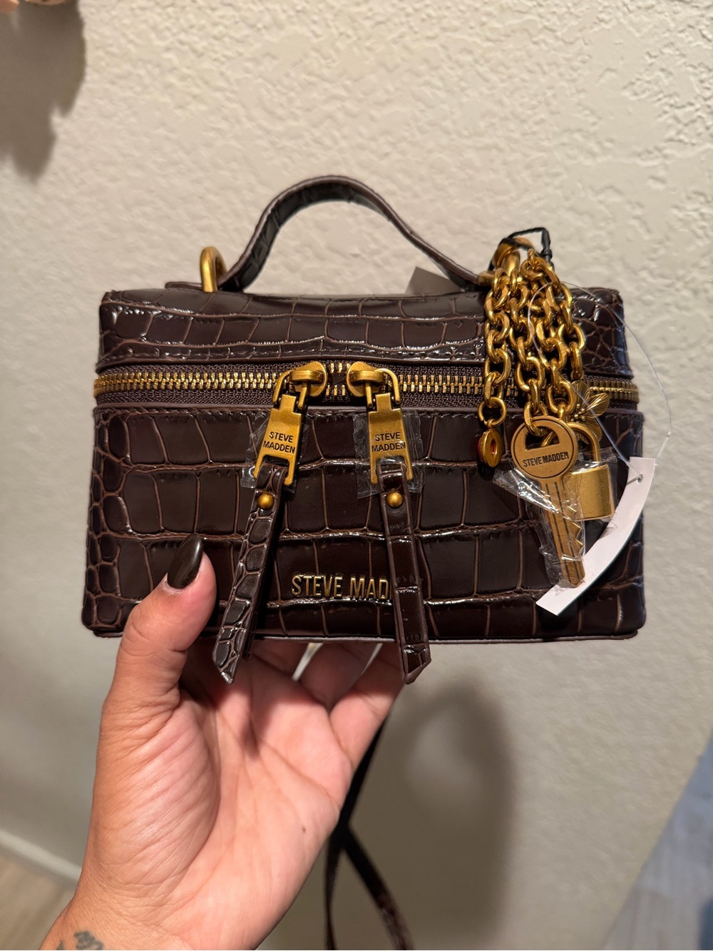 Steve Madden Dark Brown Croc-Embossed Mini Crossbody with Gold Hardware - Picture 2 of 8